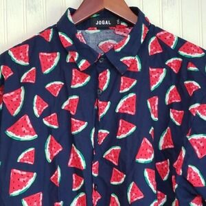 Jogal Shirt Mens 2XL Blue Watermelon Print Short Sleeve Button Up Summer Casual